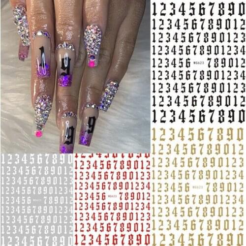 2021 New Old English Big Size 80mm*103mm Numbers Nail Decals Wrap 3D Nail Art Supplies 6Color Letter Number Nail Sticker