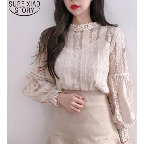 2021 Women White Lace Long Sleeve Blouses Spring and Autumn Sexy Hollow Out Tops Femininas Blusas Elegant Casual Shirts 6899