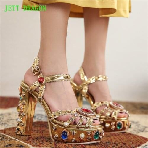 JETT DRAGON Rhinestone Luxury Platform Sandals 13cm Gold Metallic Womens Sandals Party Narrow Bands Wedding Womens Sandals 41
