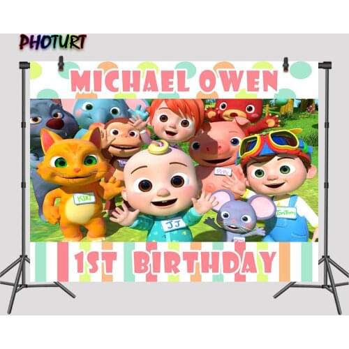 PHOTURT Cocomelon Backdrop Kids Birthday Background Dots Stripes Polyester Vinyl Photo Banner Photography Studio Decorat Props