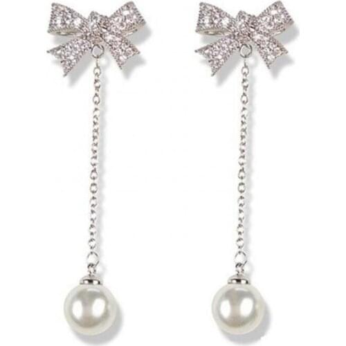 Korean Girl Earrings Fashion New Temperament Personality Wild Pearl Crystal Earrings Bow Long Earrings Womens Clothing Ohrringe