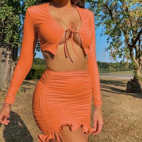 Outfit Solid Color Long Sleeve Sexy Bandage Women Crop Top Ruched Drawstring Two Pieces Matching Set Mini Bodycon Skirt Outfits