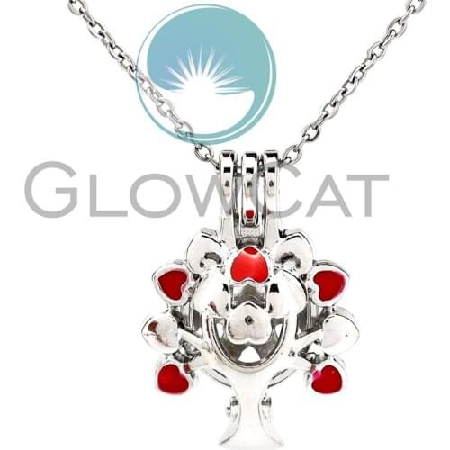 Red Enamel Flower Life Tree Beads Cage Locket Pendant Perfume Diffuser Pearl Cage Necklace Christmas Gift KK1121