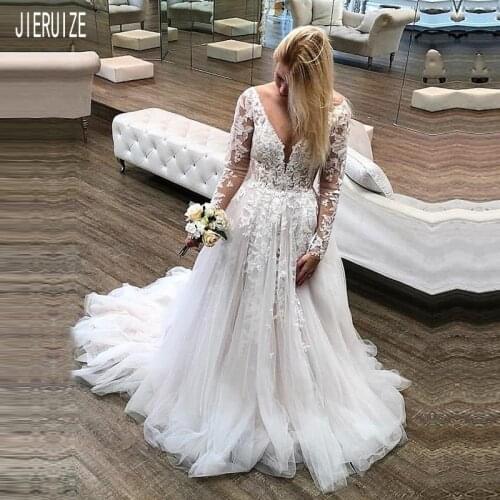 JIERUIZE Backless Lace Luxury Wedding Dresses Long Sleeves V Neck Bridal Gowns Sexy Summer Appliques Wedding Gowns