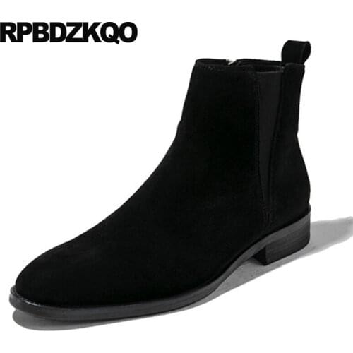 Genuine leather short suede winter formal mens pointed toe dress boots ankle zipper fur lined european handmade faux shoes black