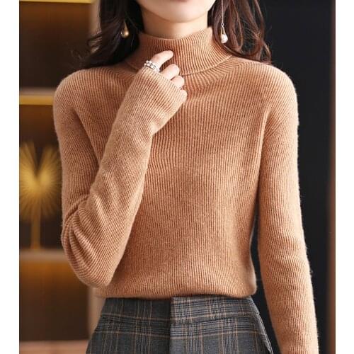 2021 Autumn Winter Wool Sweater Womens Pullover Basic High Lapels Slim Solid Color Cashmere All-Match Knit Bottoming Shirt XL