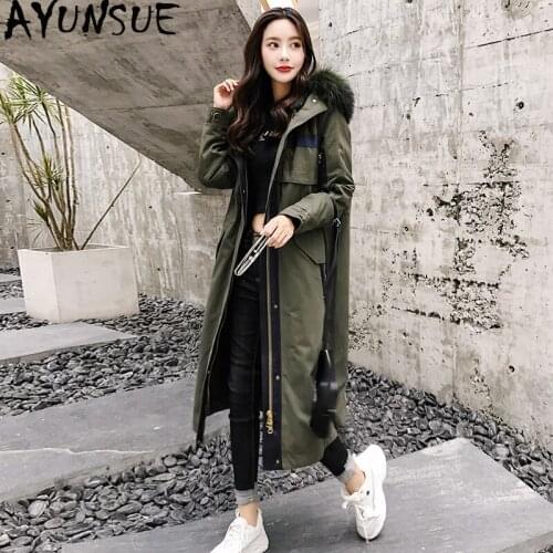 AYUNSUE Luxury Natural Rabbit Fur Liner Parka 2020 Winter Jacket Women Raccoon Fur Collar Long Trench Coat Female Parkas MY3585