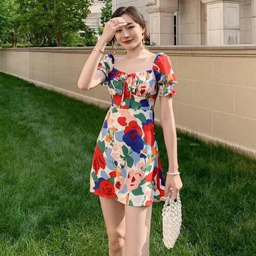 High Waist Floral Dress Square Neck Puff Sleeve Sweet Vintage A-line Mini Dresses Backless Colorful Elegant Woman Dress