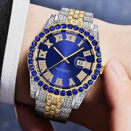 Fully Cubic Zirconia Watches Man Hip Hop Fashion High Quality Diamond Bracelet Gold Silver Stainless Steel Quartz Watch Men Gift