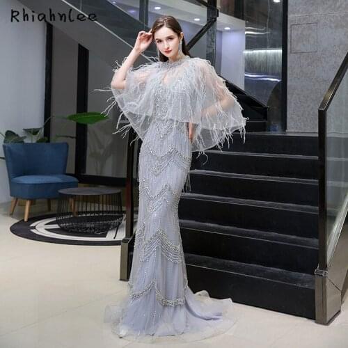 Rhiahnlee Luxury Silver Beading Evening Dresses With Feather Wrap Sexy V Neck Beaded Tassle Evening Gowns New Arrival 2020 Dress