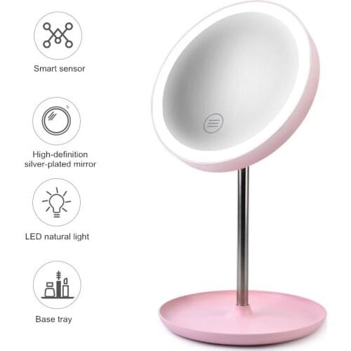 LED Makeup Mirror Light Lady Makeup Lamp With Storage Desktop Rotating Mirror Table Round Shape Cosmetic Mirrors Christmas Gift