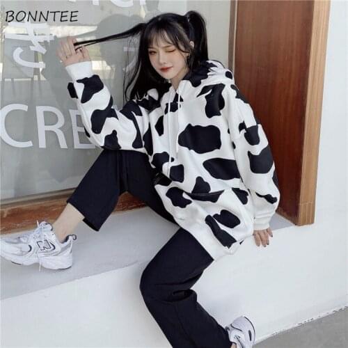 Sweatshirts Women Cow Print Fashion Leisure Elegant Trendy Korean Style High Quality Comfortable Hooded Casual Pullovers Simple