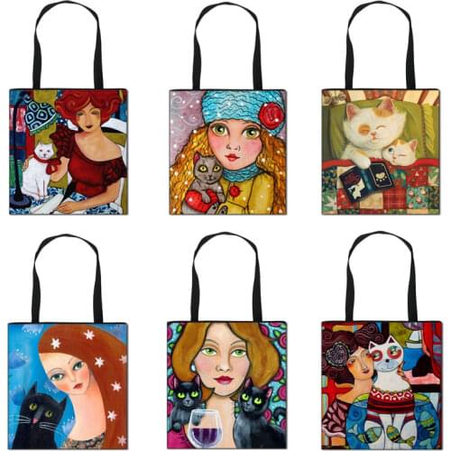 Woman And Cats Art Printed Tote Bag Ladies Shoulder Canvas Foldable Shopping Travel Portable Handbags