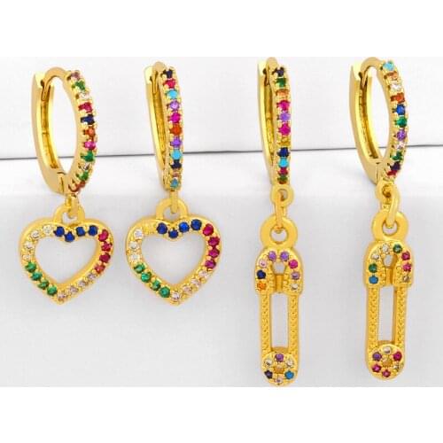 CZ Gold Safety Pin Earrings For Women Small Heart Drop Earrings Cute Cubic Zirconia Rainbow Jewelry Aretes De Moda erss98