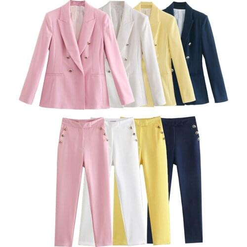 Nowsaa Women Blazer Double Breasted Elegant Autumn Winter Chic Office Retro Jacket Notched Suits Collar Long Sleeve Top Set