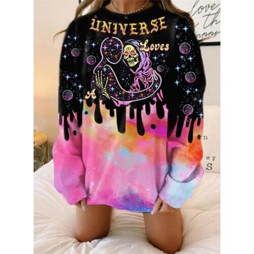Pink Black Skull Print Hip Hop Loose Vintage Sweatshirt Women Long Sleeve Casual Fashion Female 2021 Spring New Streetwear Tops
