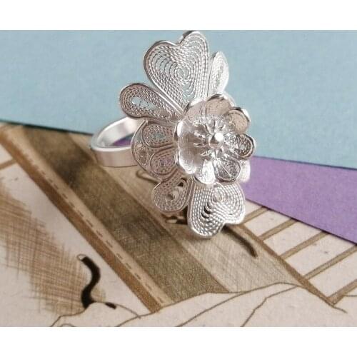 Flower Bohemian 999 Sterling Silver Rings For Women Big Boho Ring Engagement Adjustable Vintage Handmade Luxury Jewelry Ethnic