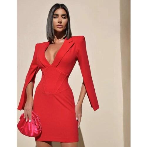 Fashion Autumn Womens Sexy Red V-neck Split Long Sleeve Bodycon Bandage Dress Elegant Club Party Christmas Dress