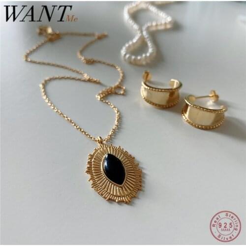 WANTME Geometric Black Oval Agate Genuine 100% 925 Sterling Silver Demon Eye Pendant Necklace for Women Luxury Fine Jewelry 2020