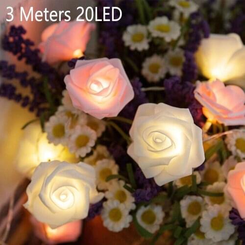 1pc 20leds Rose Flower String Lights 3 Meters Battery Powered Garland Decor Plastic Simulation PE Rose Home Decoration Light