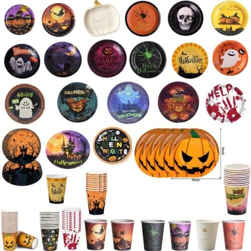 Halloween Party Tablewear 10Pcs/16Pcs/24Pcs 32 Colors 7 Inch 9 Inch Paper Dish Cup Pumpkin Scary Skeleton Bat Witch Holiday 2021