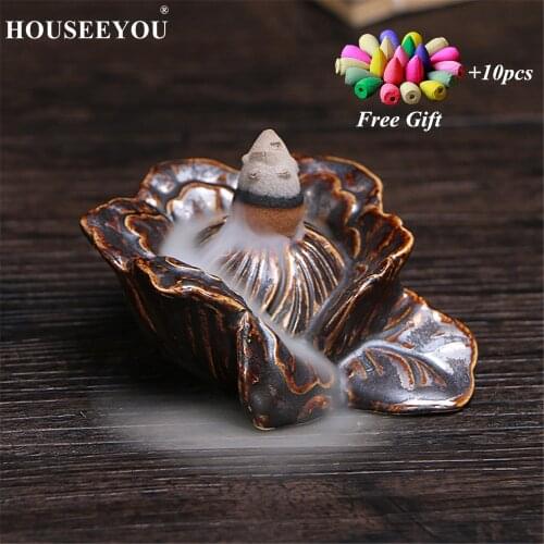 10Pcs Incense Cones + Peony Flower Floral Backflow Incense Burner Cones Holder Stand Base Waterfall Aroma Censer Zen Home Office