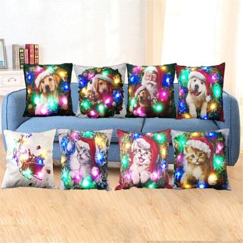2018 New Christmas Cat Dog Animal Print Pillow Covers Decorative Cushion Covers Case LED Color Light Home Decor Cushions Sofa