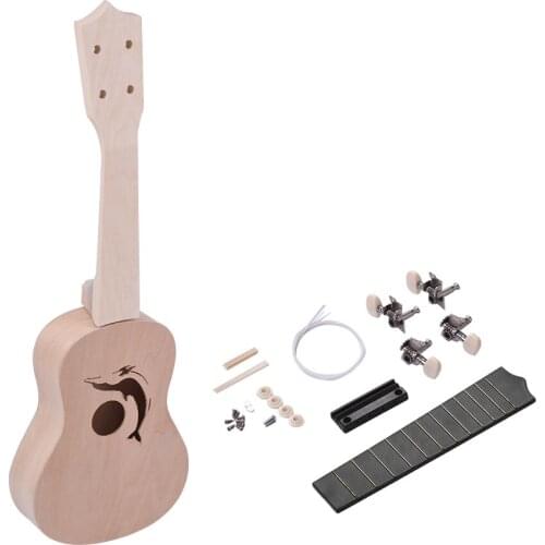 21 Inches Unfinished DIY Ukulele Ukelele Uke Kit Basswood Body & Neck Plastic Fingerboard Bridge Nylon String for Ukulele Lovers