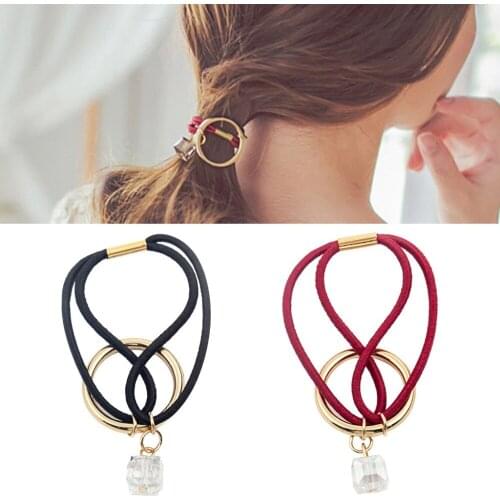 6 Elegant Colors Cubic Rhinestone Pendant Golden Loop Double Rubber Bands Elastic Hair Bands Women Hair Jewelry