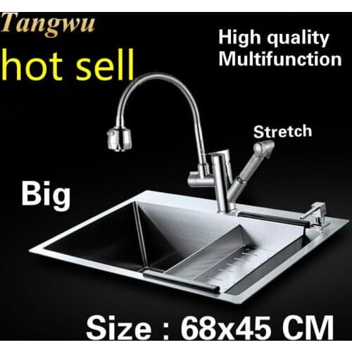 Free shipping Household vogue big kitchen manual sink single trough multifunction wash vegetables 304 stainless steel 68x45 CM