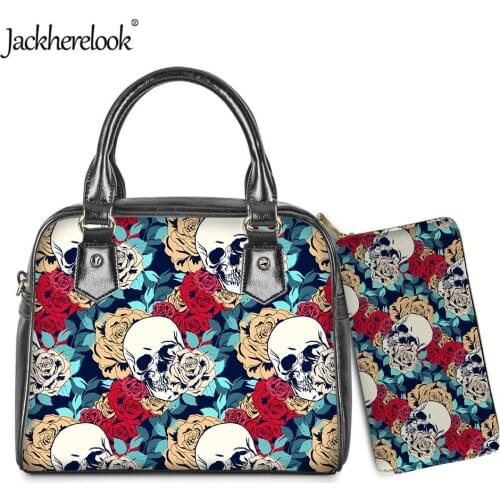 Jackherelook Rose Skull Print Luxury PU Handbag Clutch Wallet 2pcs/Set for Women Female Shoulder Bag Ladies Messenger Bag Bolsos