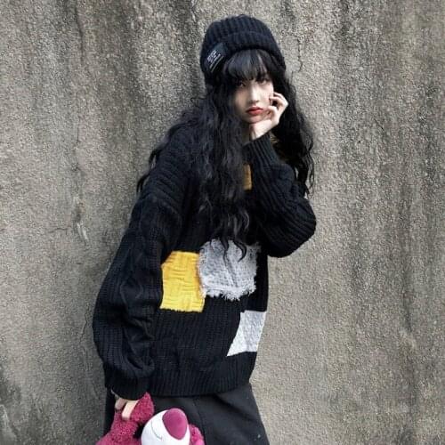 Korean vintage winter Harajuku Winter Women Oversized Patchwork Knitted Punk Sweaters Top Gothic Fashion Japanese black Jumper