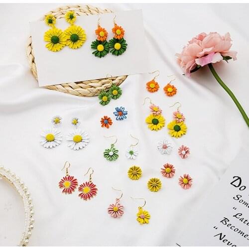 2020 Summer Korean Colorful Flower Long Drop Earrings for Women Gold Color Metal Double Layer Floral Statement Earrings Jewelry