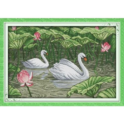 Swans in lotus pond (2) cross stitch kit 14ct 11ct pre stamped canvas cross stitching lover embroidery DIY handmade needlework