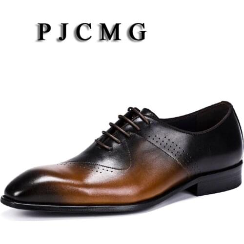 PJCMG Fashion Spring/Autumn Black/Coffee Oxfords Mens Dress Lace-Up Pointed Toe Genuine Leather Wedding Business Office Shoes