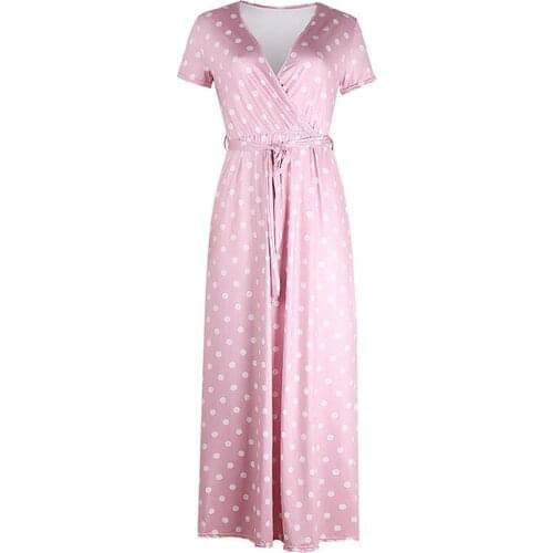 Summer women fashion short sleeve v-neck polka dot print casual belted dress female trendy color thin elegant maxi dres