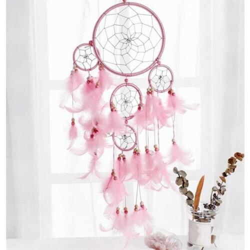 Pink Feather Pendant Home Decor Girl Heart Handmade Dream Catcher Wind Chimes Hanging Ornaments Room Bedroom Wall Decoration