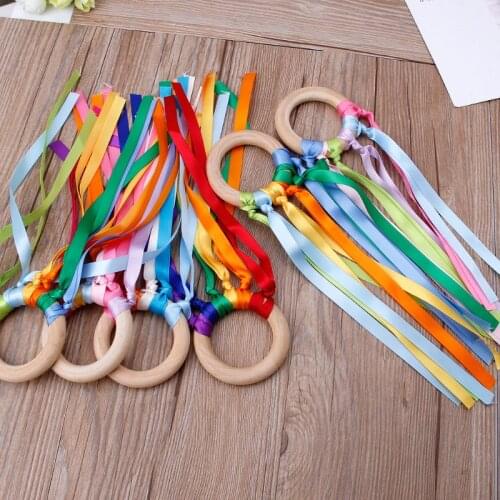 Rainbow Natural Wooden Ribbon Ring Baby Teether Newborn Sensory Toy Shower Gift
