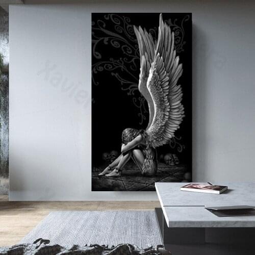 Nordic Angel and Devil Wings Art Canvas Painting Abstract Black and White Posters Home Decor Living Room Modular Long Drawing