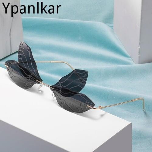 New Rimless Dragonfly Wing Sunglasses Women Vintage Clear Ocean Lens Eyewear Men Pink Sun Glasses Equipment Shades UV400