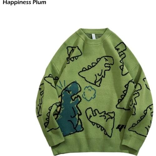 Sweater Men Harajuku Fashion Knitted Hip Hop Streetwear Dinosaur Cartoon Pullover O-neck Oversize Casual Couple Male Sweaters