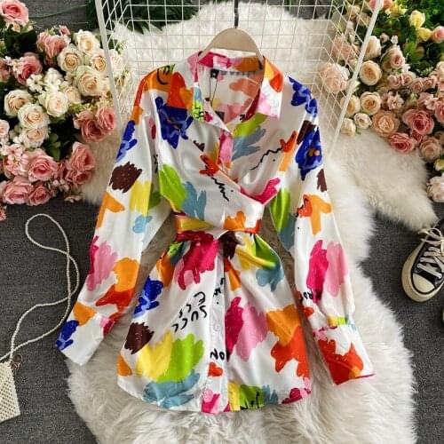 Temperament mid-length shirt women fashion tie-dye satin shirt women with tie-dye satin shirts Z901