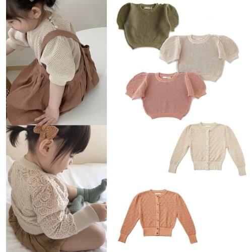 Toddler Girls Knitted T Shirts 2021 Spring Summer SP Combed Cotton Thin Breathible Child Sweaters Tee Brand Baby Kids Cardigan