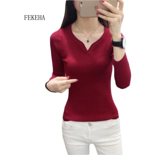 New Autumn Slim Sweater Thin V-neck Long Sleeve Solid Color Knit Sweater Shirt Sexy Women Long Sleeve Knit Pullover Jumper
