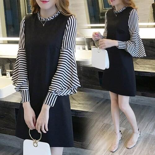 Women Slim Tunic Dress Ruffle Strip Long Sleeves Party Office Midi Dresses -OPK