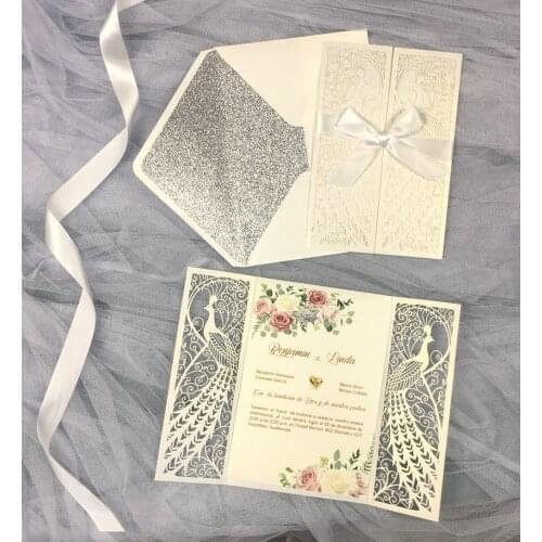 1pcs White Invitation Cards Laser Cut Gold tree Wedding Pocket Invite birthday party Invitations mariage Silver glitter envelope