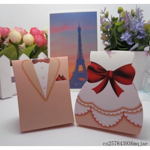 1000 Pcs Pink Bridal Gift Boxes Groom Tuxedo Dress Candy Boxes Paper Packaging Gift Bags with Ribbon Wedding Favors