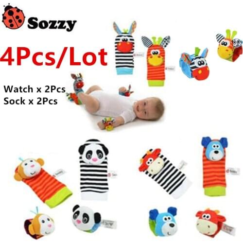 4Pcs/Lot Baby Rattle Toys Baby Sock Garden Bug Watch Rattle Baby Insect Panda Monkey Dog Cattle Socks Animal Wristband Rattles