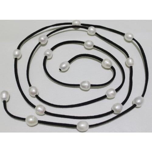 19" 48'' 12-10MM Black Leather long necklace white Freshwater pearl (0926)