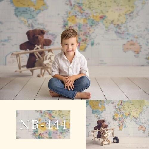 Birthday Photo Backdrop World Map Globe Suitcase Balloons Newborn Baby Shower Photography Background for Photo Studio